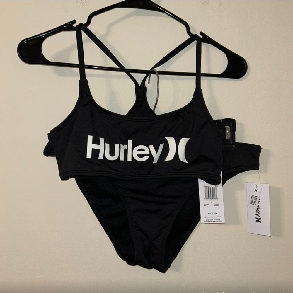Hurley Bikini Womens Black White Logo Caged Strappy Sides Racerback 2pc Size Lg
